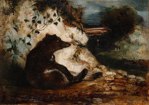 {'en': 'A bear leaning against a rock by a river'}