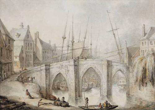 {'en': 'A bridge over a river in a town, with shipping moored'}