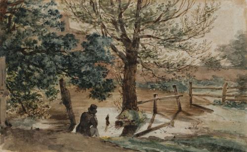 {'en': 'A man sitting by a pond, Herefordshire'}