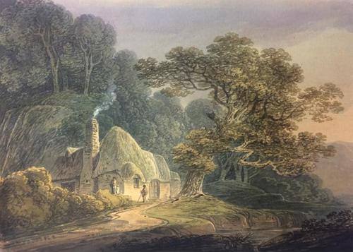 {'en': 'A thatched cottage in a wooded landscape'}