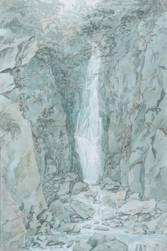 {'en': 'A traveller standing by a waterfall'}