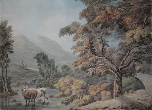 {'en': 'Hilly landscape with cattle watering and rustics on donkeys'}