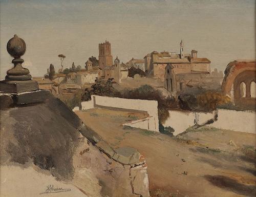 {'en': 'The Torre delle Milizie and the Convent of Santa Caterina, seen from the Orti Fernesiani, Rome'}