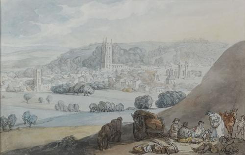 {'en': 'View of Glastonbury town and abbey'}