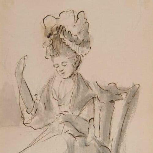 {'en': 'A lady wearing a mob cap sewing'}