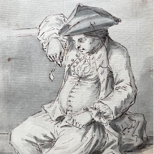 {'en': 'A man in a tricorne hat asleep on a locker holding a pipe'}