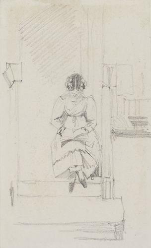 {'en': 'A seated girl reading in a doorway'}