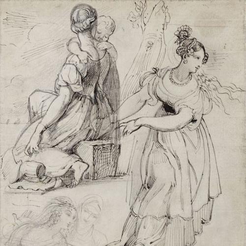 {'en': 'Studies of women including a study after Raphael, recto, a woman seated at a balcony with a flying bat and gothic spire, verso'}