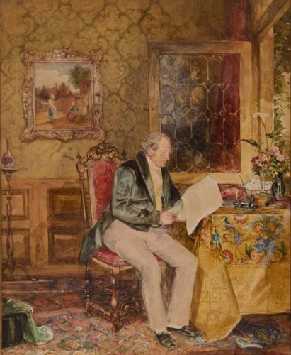 {'en': 'Thomas Emmerson seated at a table in an interior, reading a newspaper'}