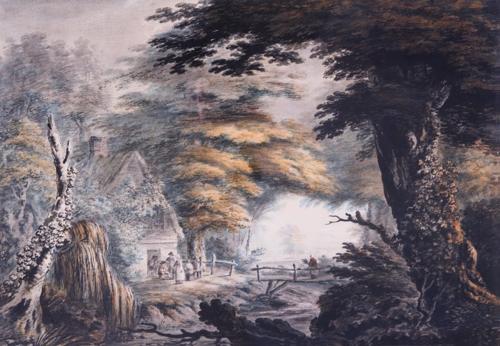 {'en': 'Wooded landscape with figures outside a cottage'}