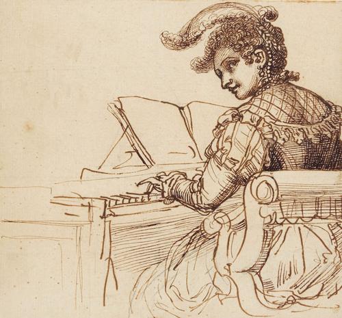 {'en': 'A lady playing a keyboard wearing sixteenth century dress, 1785-1790'}